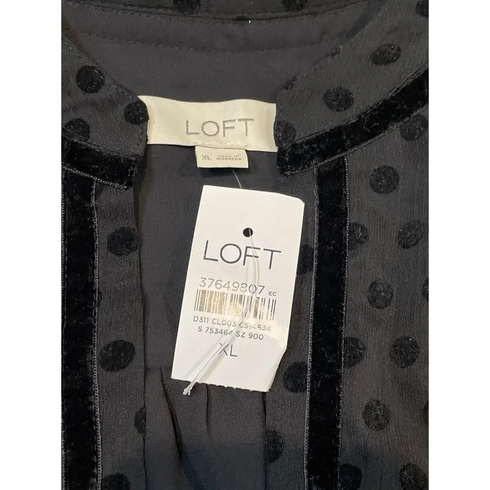 Loft Black Chiffon Velvet Trim Puff Sleeve Sheer Dot Top Size XL New With Tag